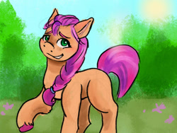 Size: 1280x960 | Tagged: safe, artist:flurryheart04, character:sunny starscout, species:earth pony, species:pony, g5, my little pony: a new generation, braid, colored eyebrows, colored hooves, cute, eyebrows, hooves, looking at you, raised hoof, smiling, smiling at you, solo, sunnybetes, unshorn fetlocks
