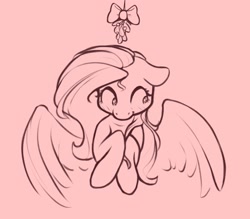 Size: 1526x1334 | Tagged: safe, artist:nookprint, character:fluttershy, species:pegasus, species:pony, g4, blushing, bust, female, floppy ears, lineart, looking away, looking down, mare, mistletoe, monochrome, nervous, shy, simple background, solo, spread wings, this will end in kisses, wings