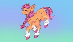 Size: 1266x723 | Tagged: safe, artist:magpiecore, character:sunny starscout, species:earth pony, species:pony, g5, blank flank, braid, coat markings, jumping, socks (coat marking), solo, unshorn fetlocks