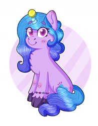 Size: 1364x1746 | Tagged: safe, artist:skylaedits, character:izzy moonbow, species:pony, species:unicorn, g5, blushing, bracelet, chest fluff, childproof horn, gradient hair, izzybetes, simple background, sitting, solo, tennis ball, unshorn fetlocks