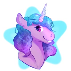 Size: 1000x1000 | Tagged: safe, artist:corvidcactus, character:izzy moonbow, species:pony, species:unicorn, g5, abstract background, bust, ear fluff, female, gradient hair, mare, portrait, profile, simple background, smiling, solo, stars