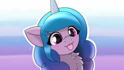 Size: 1280x720 | Tagged: safe, artist:envygirl95, character:izzy moonbow, species:pony, species:unicorn, g5, blep, chest fluff, gradient hair, simple background, solo, tongue out