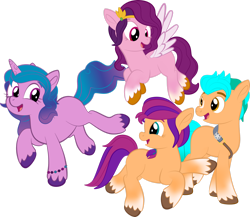 Size: 1920x1670 | Tagged: safe, artist:alexdti, character:hitch trailblazer, character:izzy moonbow, character:pipp petals, character:sunny starscout, species:earth pony, species:pegasus, species:pony, species:unicorn, g5, blank flank, bracelet, circlet, coat markings, gradient hair, pipp wings, simple background, socks (coat marking), transparent background, unshorn fetlocks