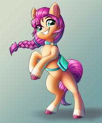 Size: 1280x1536 | Tagged: safe, artist:faline-art, character:sunny starscout, species:earth pony, species:pony, g5, bag, braid, coat markings, rearing, simple background, socks (coat marking), solo, unshorn fetlocks, windswept mane