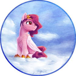 Size: 1327x1327 | Tagged: safe, artist:thatonegib, character:pipp petals, species:pegasus, species:pony, g5, chest fluff, circlet, cloud, coat markings, folded wings, pipp wings, sitting, sitting on a cloud, sky, socks (coat marking), solo, unshorn fetlocks