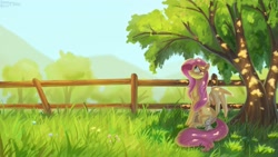 Size: 3000x1687 | Tagged: safe, artist:enderselyatdark, character:angel bunny, character:fluttershy, species:pegasus, species:pony, species:rabbit, g4, dappled sunlight, fence, flower, grass, grass field, profile, shadow, signature, smiling, spread wings, tree, wings