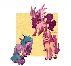 Size: 1972x1830 | Tagged: safe, artist:kafeleik, character:izzy moonbow, character:pipp petals, character:sunny starscout, species:earth pony, species:pegasus, species:pony, species:unicorn, g5, bracelet, chest fluff, circlet, coat markings, cutie mark, flying, gradient hair, pipp wings, socks (coat marking), spread wings, unshorn fetlocks, wings