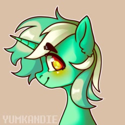 Size: 1080x1080 | Tagged: safe, artist:yumkandie, character:lyra heartstrings, species:pony, species:unicorn, g4, bust, colored pupils, eyebrows, eyebrows visible through hair, profile, simple background, solo, tan background
