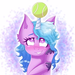 Size: 2297x2297 | Tagged: safe, artist:galaxy swirl, character:izzy moonbow, species:pony, species:unicorn, g5, bust, childproof horn, gradient hair, looking up, tennis ball, unshorn fetlocks