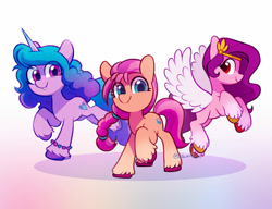 Size: 1024x788 | Tagged: safe, artist:dawnfire, character:izzy moonbow, character:pipp petals, character:sunny starscout, species:earth pony, species:pegasus, species:pony, species:unicorn, g5, abstract background, adorapipp, bracelet, circlet, cute, female, flying, gradient hair, looking at you, mare, pipp wings, profile, signature, smiling, three quarter view