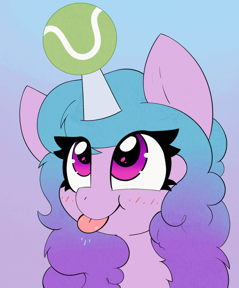 Size: 766x920 | Tagged: safe, artist:miss-jessiie, character:izzy moonbow, species:pony, species:unicorn, g5, animated, ball, blep, blushing, bust, chest fluff, childproof horn, cute, eye clipping through hair, female, gif, gradient background, gradient hair, horn, horn guard, horn impalement, hornball, izzy's tennis ball, izzybetes, mare, raspberry, silly, silly pony, solo, tennis ball, tennizzy, tongue out, toy, weapons-grade cute