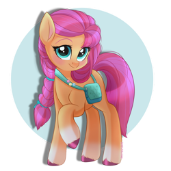 Size: 1024x1024 | Tagged: safe, artist:mimijuliane, character:sunny starscout, species:earth pony, species:pony, g5, badge, bag, blank flank, blushing, braid, coat markings, cute, cutie mark, female, implied fluttershy, implied rainbow dash, implied twilight sparkle, looking at you, mare, pins, raised hoof, satchel, socks (coat marking), solo, sunnybetes, unshorn fetlocks