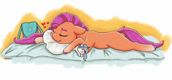 Size: 1024x479 | Tagged: safe, artist:ratann, character:sunny starscout, species:earth pony, species:pony, g5, bag, bed, blank flank, coat markings, pillow, sleeping, socks (coat marking), solo, sunnybetes