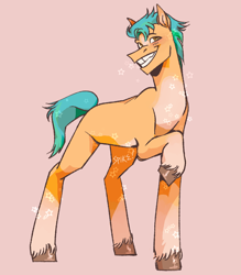 Size: 920x1048 | Tagged: safe, artist:scatterbraindd, character:hitch trailblazer, species:earth pony, species:pony, g5, bandolier, blaze (coat marking), coat markings, cute, earth pony, looking at you, male, raised hoof, simple background, smiling, solo, stallion, unshorn fetlocks