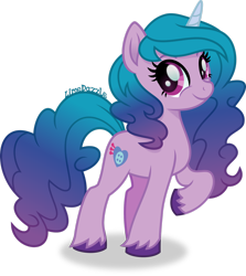 Size: 1920x2149 | Tagged: safe, artist:limedazzle, character:izzy moonbow, species:pony, species:unicorn, g5, colored hooves, cute, female, gradient hair, izzybetes, mare, signature, simple background, smiling, solo, three quarter view, transparent background, unshorn fetlocks
