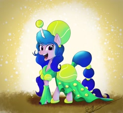 Size: 3250x3007 | Tagged: safe, artist:brogararts, character:izzy moonbow, species:pony, species:unicorn, g5, childproof horn, clothing, dress, gradient hair, izzy's tennis ball, tennis ball, that pony sure does love tennis balls