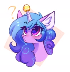 Size: 1794x1833 | Tagged: safe, artist:pesty_skillengton, character:izzy moonbow, species:pony, species:unicorn, g5, blushing, bust, chest fluff, childproof horn, confused, ear fluff, gradient hair, looking up, solo, tennis ball