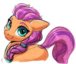 Size: 1845x1568 | Tagged: safe, artist:ask-colorsound, character:sunny starscout, species:earth pony, species:pony, g5, blank flank, braid, bust, looking at you, looking back, solo, sunnybetes