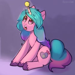 Size: 2000x2000 | Tagged: safe, artist:freak-side, character:izzy moonbow, species:pony, species:unicorn, g5, childproof horn, cutie mark, gradient hair, izzybetes, sitting, solo, tennis ball, unshorn fetlocks