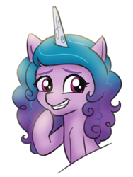 Size: 570x757 | Tagged: safe, artist:whitequartztheartist, character:izzy moonbow, species:pony, species:unicorn, g5, bust, gradient hair, hoof on chin, horn pattern, laughing, raised hoof, solo