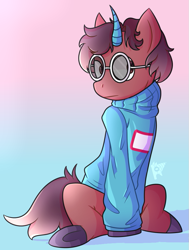 Size: 669x883 | Tagged: safe, artist:gore_sap, species:pony, species:unicorn, g4, clothing, colored horn, crossover, dream smp, georgenotfound, georgenotfound (dream smp), glasses, hooves, male, mcyt, minecraft, ponified, sitting, solo, sweater, youtube