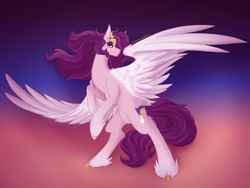 Size: 2160x1620 | Tagged: safe, artist:lunathemoongod, character:pipp petals, species:pegasus, species:pony, g5, big wings, chest fluff, circlet, coat markings, colored hooves, cutie mark, hooves, pipp wings, rearing, red eyes, red-eyed pipp, smug, socks (coat marking), spread wings, unshorn fetlocks, wings