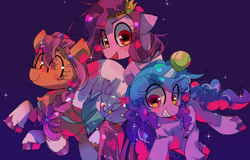 Size: 1280x820 | Tagged: safe, artist:lexiedraw, character:izzy moonbow, character:pipp petals, character:sunny starscout, species:earth pony, species:pegasus, species:pony, species:unicorn, g5, bag, chest fluff, childproof horn, circlet, coat markings, gradient hair, pipp wings, rearing, socks (coat marking), tennis ball, unshorn fetlocks