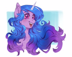 Size: 4096x3234 | Tagged: safe, artist:taytinabelle, character:izzy moonbow, species:pony, species:unicorn, g5, bust, chest fluff, ear fluff, gradient hair, happy, solo