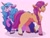 Size: 2000x1500 | Tagged: safe, artist:dead_dogwalking, character:izzy moonbow, character:sunny starscout, species:earth pony, species:pony, species:unicorn, g5, my little pony: a new generation, blank flank, bracelet, braid, chest fluff, coat markings, colored eyebrows, colored hooves, cute, eyebrows, female, floppy ears, gradient hair, hooves, izzybetes, jewelry, looking at you, mare, pink background, profile, raised hoof, signature, simple background, smiling, socks (coat marking), sunnybetes, three quarter view, unshorn fetlocks