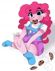 Size: 1522x1962 | Tagged: safe, artist:galaxynightt, character:pinkie pie, species:eqg human, g4, cookie, looking at you, looking up, nom, sitting