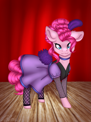 Size: 768x1024 | Tagged: safe, artist:delfinaluther, character:pinkie pie, species:earth pony, species:pony, g4, clothing, collar, dress, female, headdress, looking at you, saloon dress, saloon pinkie, solo, stockings