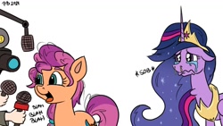 Size: 1200x675 | Tagged: safe, artist:ponyberserker, character:sunny starscout, character:twilight sparkle (alicorn), species:earth pony, species:pony, g4, g5, bust, crying, generation leap, meta, microphone, older twilight