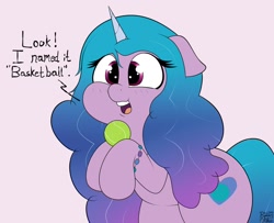 Size: 1200x973 | Tagged: safe, artist:blitzyflair, character:izzy moonbow, species:pony, species:unicorn, g5, bracelet, dialogue, floppy ears, gradient hair, izzy's tennis ball, izzybetes, pink background, tennis ball, that pony sure does love tennis balls