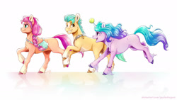 Size: 1920x1080 | Tagged: safe, artist:gaelledragons, character:hitch trailblazer, character:izzy moonbow, character:sunny starscout, species:earth pony, species:pony, species:unicorn, g5, bag, blaze (coat marking), bracelet, braid, chest fluff, childproof horn, coat markings, earth pony, galloping, gradient hair, socks (coat marking), tennis ball, unshorn fetlocks