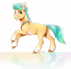 Size: 1600x1547 | Tagged: safe, artist:gaelledragons, character:hitch trailblazer, species:earth pony, species:pony, g5, blaze (coat marking), cloven hooves, earth pony, high res, male, open mouth, signature, simple background, solo