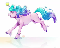 Size: 1600x1279 | Tagged: safe, artist:gaelledragons, character:izzy moonbow, species:pony, species:unicorn, g5, cloven hooves, female, gradient hair, high res, hornball, mare, open mouth, simple background, solo, tennis ball