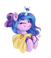 Size: 1528x1738 | Tagged: safe, artist:elisdoominika, character:izzy moonbow, species:pony, species:unicorn, g5, bracelet, bust, childproof horn, gradient hair, mouth hold, needle, pincushion, solo, unshorn fetlocks