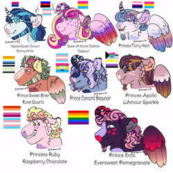 Size: 1920x1920 | Tagged: safe, artist:venomilon3, character:princess cadance, character:princess flurry heart, character:shining armor, oc, oc:prince concord beaunoir, oc:prince eros eversweet pomegranate, oc:prince sweet brier rose quartz, oc:princess ruby raspberry chocolate, oc:princex apollo l'amour sparkle, parent:princess cadance, parent:shining armor, parents:shiningcadance, species:alicorn, species:earth pony, species:pegasus, species:pony, species:unicorn, ship:shiningcadance, g4, agender, agender pride flag, aroace pride flag, aromantic, aromantic pride flag, asexual, bisexual pride flag, bisexuality, demisexual, demisexual pride flag, female, gay, gay pride flag, gender headcanon, genderfluid, headcanon, lesbian, lesbian pride flag, lgbt headcanon, male, nonbinary, offspring, pansexual, pansexual pride flag, polyamory, polyamory pride flag, polysexual, polysexual pride flag, pride flag, scar, sexuality headcanon, straight, trans female, trans male, transgender, transgender pride flag