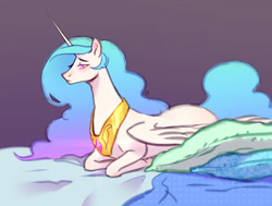 Size: 1500x1132 | Tagged: safe, artist:voyager, character:princess celestia, species:alicorn, species:pony, g4, bed, female, mare, on bed, prone, sad, solo