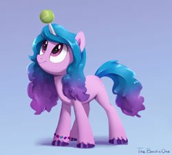 Size: 1024x925 | Tagged: safe, artist:thebowtieone, character:izzy moonbow, species:pony, species:unicorn, g5, blank flank, bracelet, childproof horn, gradient hair, looking up, solo, tennis ball, unshorn fetlocks