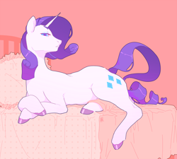 Size: 1666x1500 | Tagged: safe, artist:voyager, character:rarity, species:pony, species:unicorn, g4, bed, crossed hooves, female, lidded eyes, looking at you, lying on bed, mare, on bed, pillow, prone, solo, tail