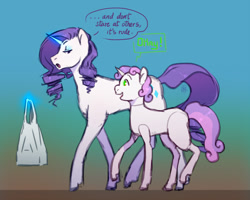 Size: 1250x1000 | Tagged: safe, artist:voyager, character:rarity, character:sweetie belle, species:pony, species:unicorn, sweetie bot, g4, bag, belle sisters, dialogue, duo, duo female, filly, glowing horn, gradient background, magic, robot, shopping, sisters, telekinesis