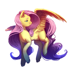 Size: 1500x1500 | Tagged: safe, artist:voyager, character:fluttershy, species:pegasus, species:pony, g4, female, flying, head turn, lidded eyes, looking back, mare, missing cutie mark, sad, simple background, solo, spread wings, tail, white background, wings