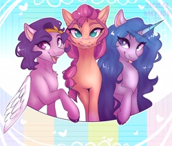 Size: 2048x1733 | Tagged: safe, artist:mouseholo, character:izzy moonbow, character:pipp petals, character:sunny starscout, species:earth pony, species:pegasus, species:pony, species:unicorn, g5, adorapipp, braid, cute, gradient hair, happy, pipp wings, raised hoof
