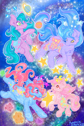 Size: 1280x1920 | Tagged: safe, artist:saturniidae-served-cold, character:mistyglow, character:pearlshine, character:starswirl, character:swirlabout, species:pony, g1, fancy swirl ponies, female, redraw