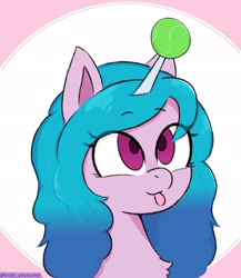 Size: 3500x4039 | Tagged: safe, artist:endo_youtsume, character:izzy moonbow, species:pony, species:unicorn, g5, blep, bust, chest fluff, childproof horn, gradient hair, solo, tennis ball, tongue out
