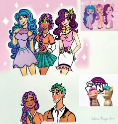 Size: 1948x2052 | Tagged: safe, artist:valeriamagicart, character:hitch trailblazer, character:izzy moonbow, character:pipp petals, character:sunny starscout, species:human, g5, blaze (coat marking), braid, circlet, clothing, cothing, dress, earth pony, gradient hair, humanized, pipp wings
