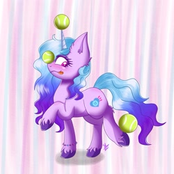 Size: 2297x2297 | Tagged: safe, artist:galaxy swirl, character:izzy moonbow, species:pony, species:unicorn, g5, balancing, blep, bracelet, childproof horn, cutie mark, ear fluff, gradient hair, izzy's tennis ball, raised hoof, solo, tennis ball, that pony sure does love tennis balls, tongue out, unshorn fetlocks