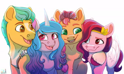 Size: 1920x1152 | Tagged: safe, artist:glitterstar2000, character:hitch trailblazer, character:izzy moonbow, character:pipp petals, character:sunny starscout, species:earth pony, species:pegasus, species:pony, species:unicorn, g5, blaze (coat marking), braid, bust, circlet, gradient hair, group hug, happy, pipp wings, unshorn fetlocks