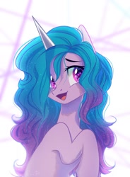 Size: 1398x1900 | Tagged: safe, artist:maybeweed, character:izzy moonbow, species:pony, species:unicorn, g5, bust, colored pupils, cute, eyebrows, female, gradient hair, hair over one eye, izzybetes, mare, open mouth, raised hoof, solo